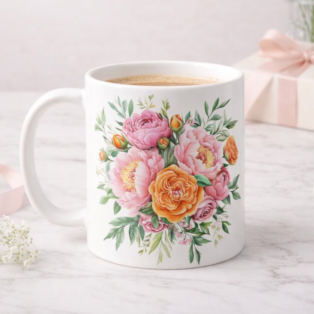 Elegant Pink Peony Rose Floral Bouquet Coffee Mug (Créateur téléchargé)