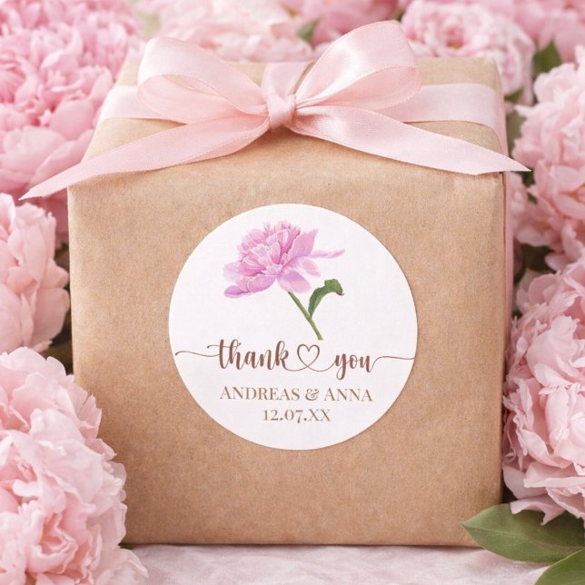Elegant Pink Peony Wedding Thank You Runder Aufkleber (Custom Floral Peony Thank You Sticker for Weddings)