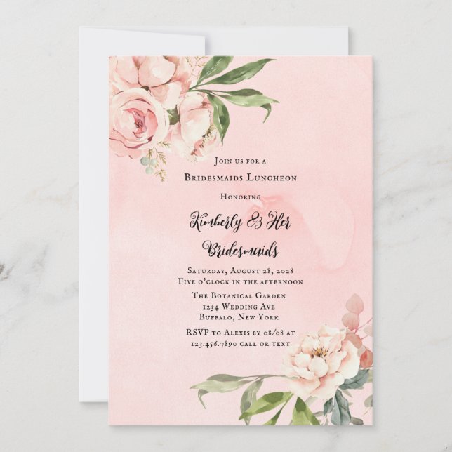 Elegant Pink Peony Wreath Bridesmaids Luncheon Einladung (Vorderseite)