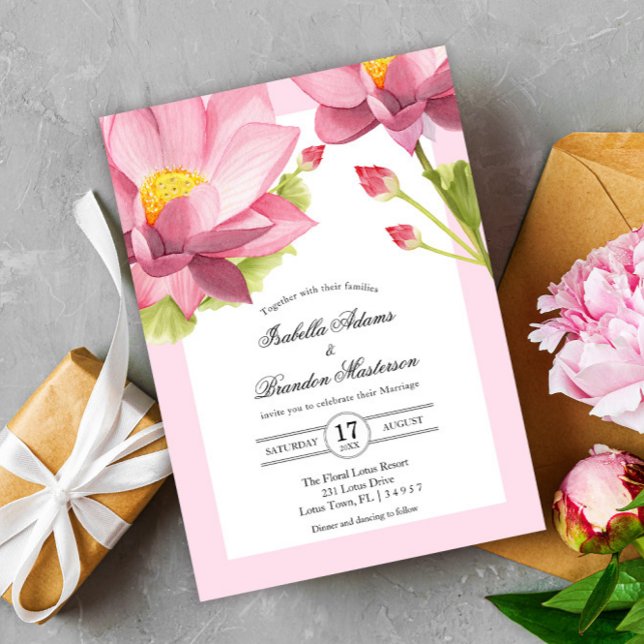 Elegant Pink Pink Lotus Wedding Einladung (Von Creator hochgeladen)