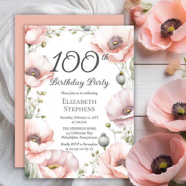 Elegant Pink Poppies Floral 100th Birthday Party Einladung (Boho Elegant Pale Pink Poppies Floral 100th Birthday Party Invitation - Print | Digital Download)