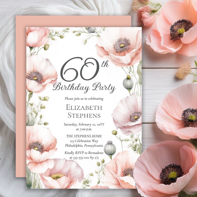 Elegant Pink Poppies Floral 60th Birthday Party Einladung (Boho Elegant Pale Pink Poppies Floral 60th Birthday Party Invitation - Print | Digital Download)