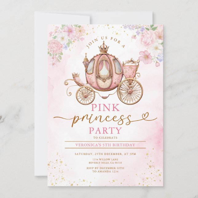 Elegant Pink Princess Birthday Carriage Flowers Einladung (Vorderseite)