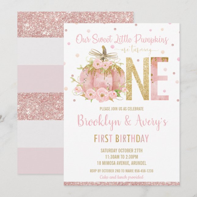 Elegant Pink Pumpkin 1st Birthday One Twin Girls Einladung (Vorne/Hinten)
