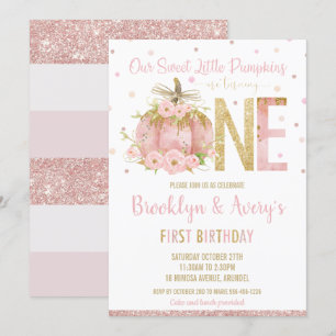 Elegant Pink Pumpkin 1st Birthday One Twin Girls Einladung