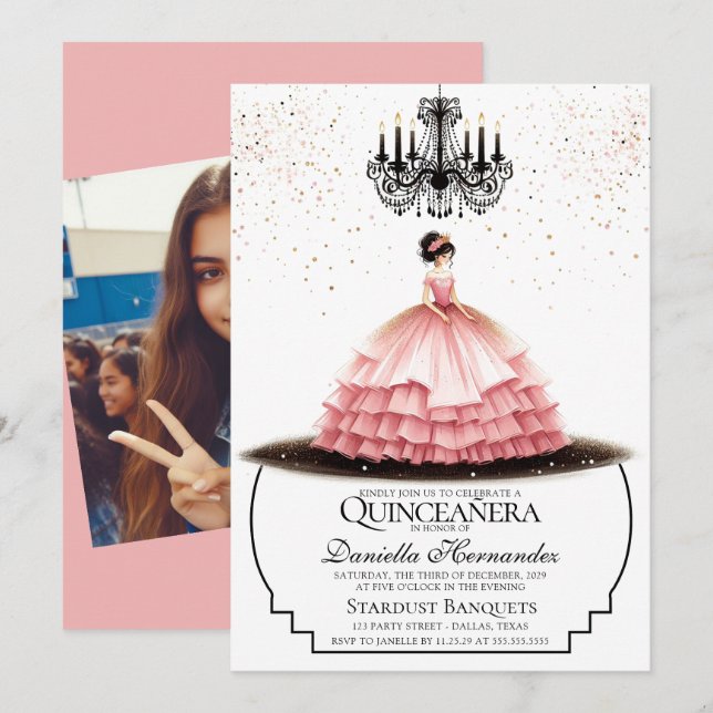 Elegant Pink Quinceañera Einladung (Vorne/Hinten)