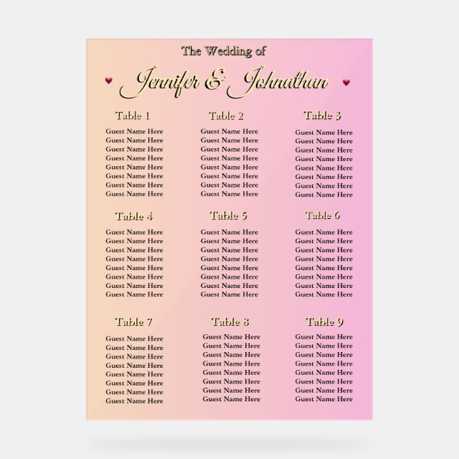 Elegant Pink Red Hearts Wedding Seating Chart (Recto)