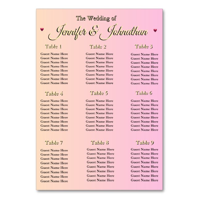 Elegant Pink Red Hearts Wedding Seating Chart Tischnummer (Vorderseite)