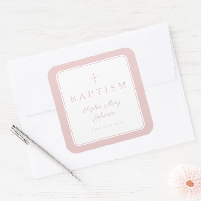 Elegant Pink Religious Cross Boy Baptism  Quadratischer Aufkleber (Umschlag)