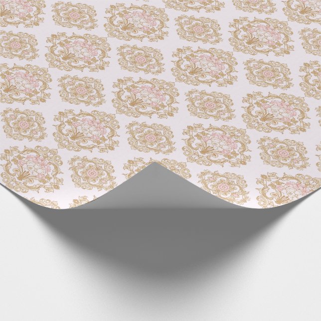 Elegant Pink Rose and Gold Baroque Frame Geschenkpapier (Ecke)