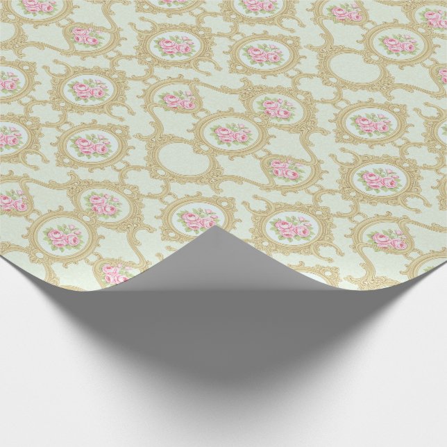 Elegant Pink Rose and Gold Baroque Frame  Geschenkpapier (Ecke)