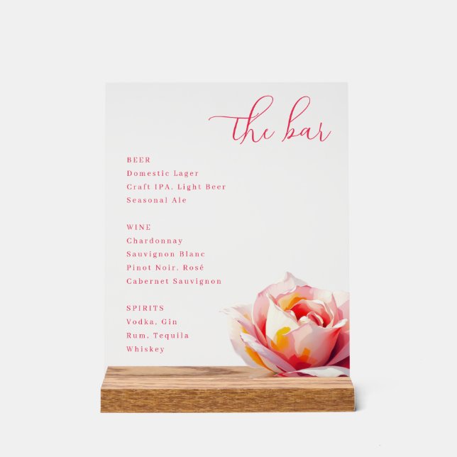Elegant Pink Rose Bar Menu Acrylschild (Vorderseite)