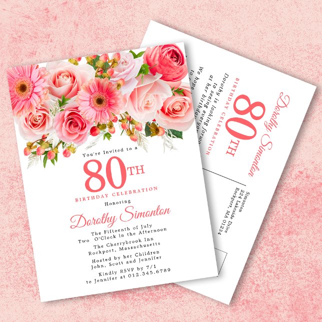 Elegant Pink Rose Floral 80. Geburtstag Einladungspostkarte (Von Creator hochgeladen)