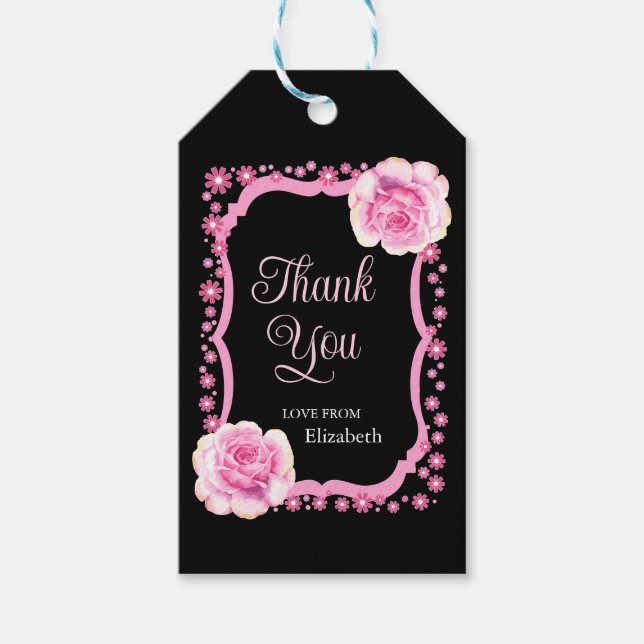 Elegant Pink Rose Floral Black Danke Geschenkanhänger (Vorderseite)