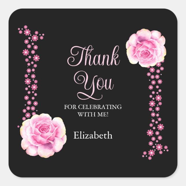 Elegant Pink Rose Floral Black Danke Quadratischer Aufkleber (Vorderseite)