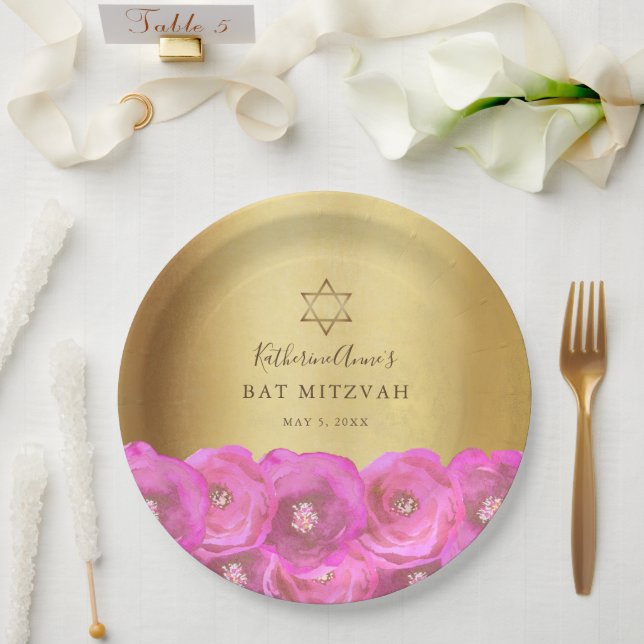 Elegant Pink Rose Floral Gold Bat Mitzvah Pappteller (Hochzeit)
