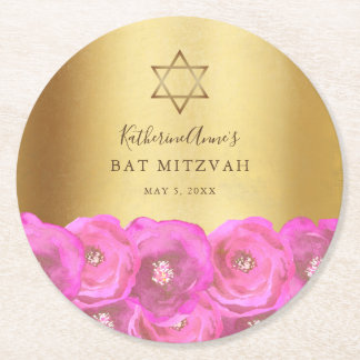 Elegant  Pink Rose Floral Gold Bat Mitzvah Runder Pappuntersetzer