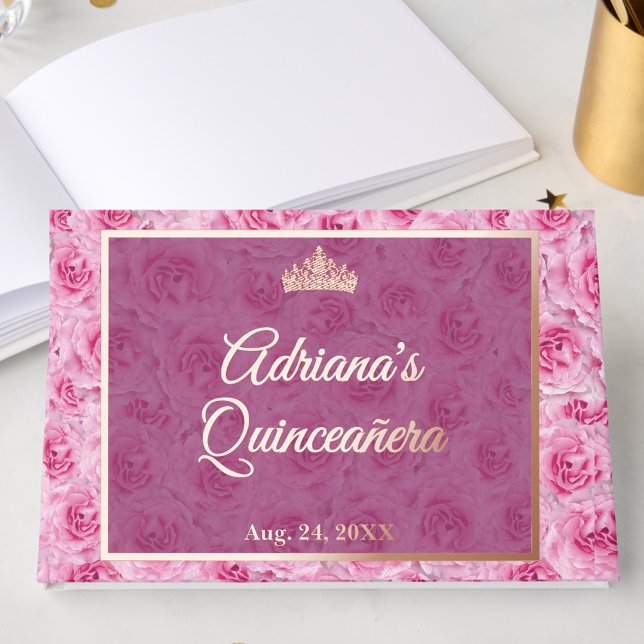 Elegant Pink Rose Gold Floral Quinceanera Gästebuch (Von Creator hochgeladen)