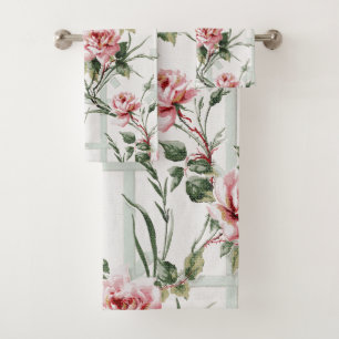 Elegant Pink Roses and Leaves on Trellis Badhandtuch Set