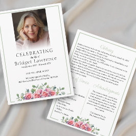 Elegant Pink Roses Celebrating Life Of - Funeral Programm