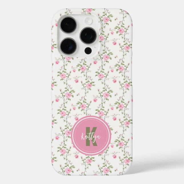 Elegant Pink Roses Flowers Pattern Monogram iPhone 16 Pro Hülle (Rückseite)