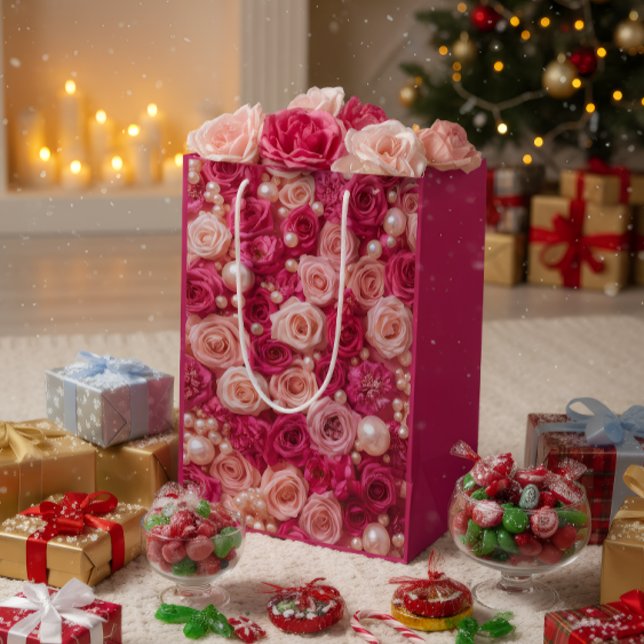 Elegant Pink Roses Gift Bag Mittlere Geschenktüte (Von Creator hochgeladen)