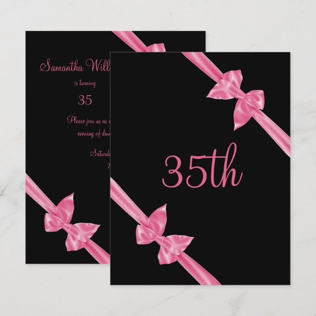 Elegant Pink Satin Bows 35. Geburtstag Einladung (Vorne/Hinten)