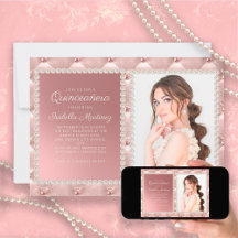 Elegant Pink Satin Pearls Jewels Foto Quinceañera