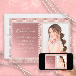 Elegant Pink Satin Pearls Jewels Foto Quinceañera Einladung