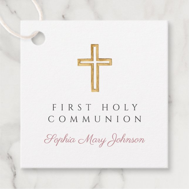 Elegant Pink Script Cross Girl First Communion Geschenkanhänger (Vorderseite)