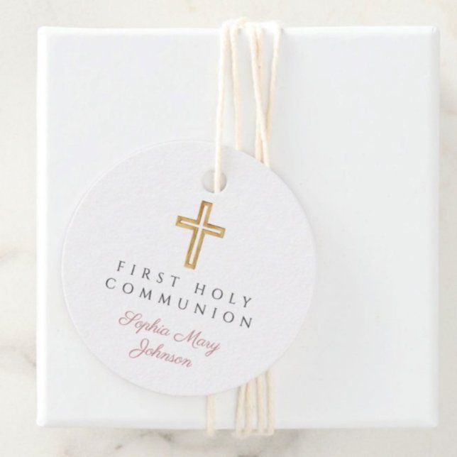 Elegant Pink Script Erste Kommunion Runde Geschenkanhänger (Elegant Pink Script First Communion Round Favor Tags)