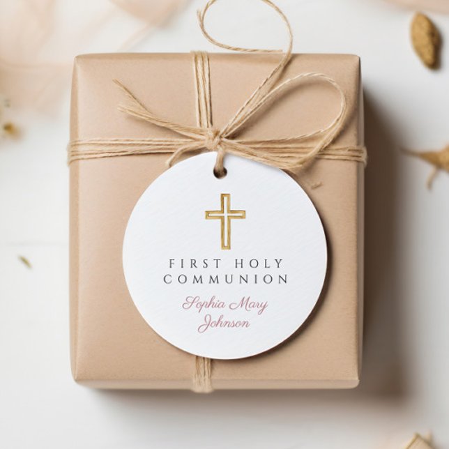 Elegant Pink Script Erste Kommunion Runde Geschenkanhänger (Elegant Pink Script First Communion Round Favor Tags)