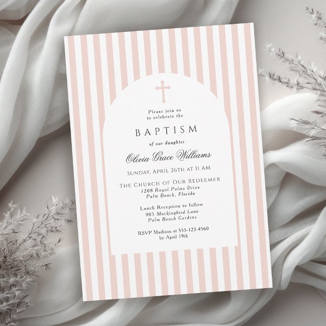 Elegant Pink Stripes Baptism Invitation for Girl Einladung (Available in both printed and instant download digital formats.)