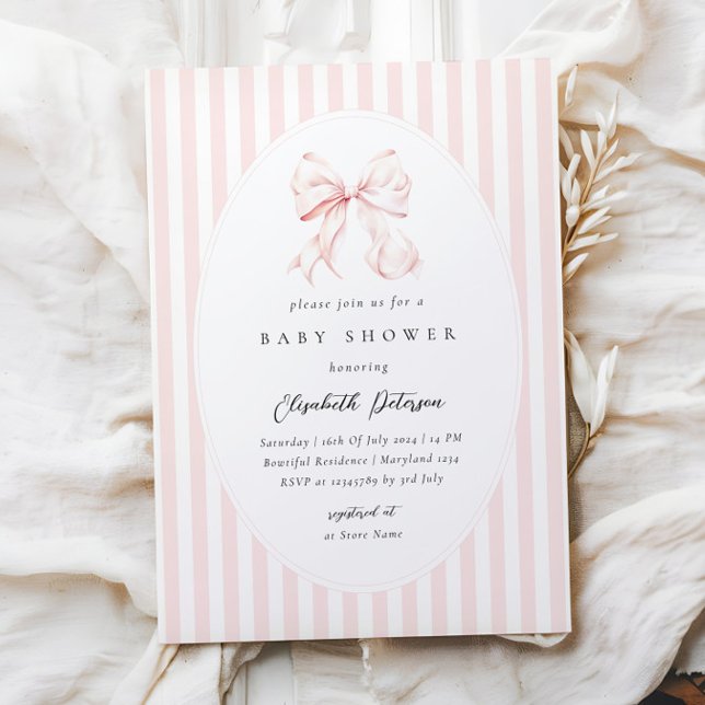 Elegant Pink Stripes Bow Baby Shower Baby Shower Einladung (Von Creator hochgeladen)