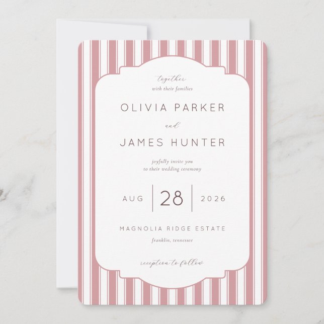 Elegant Pink Stripes Wedding Invitation Einladung (Vorderseite)