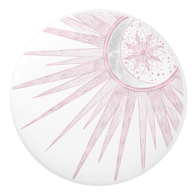 Elegant Pink Sun Moon Doodle Mandala White Design Keramikknauf (Vorderseite)