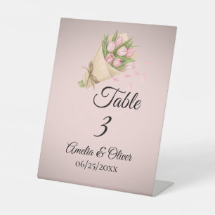 Elegant Pink Tulips Bouquet Hochzeit Tischnummer Sockelschild
