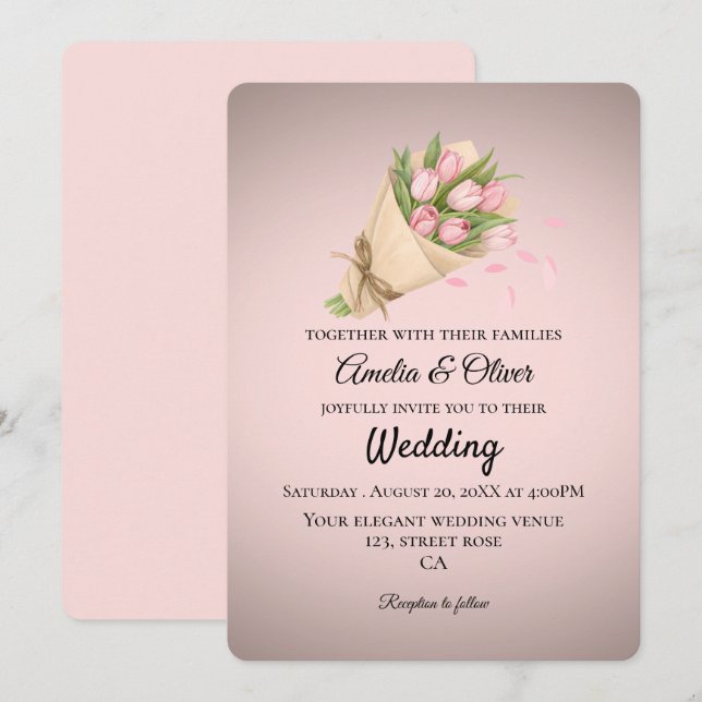 Elegant Pink Tulips Bouquet Wedding Einladung (Vorne/Hinten)