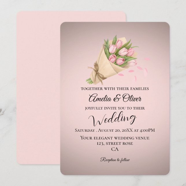 Elegant Pink Tulips Bouquet Wedding Einladung (Vorne/Hinten)