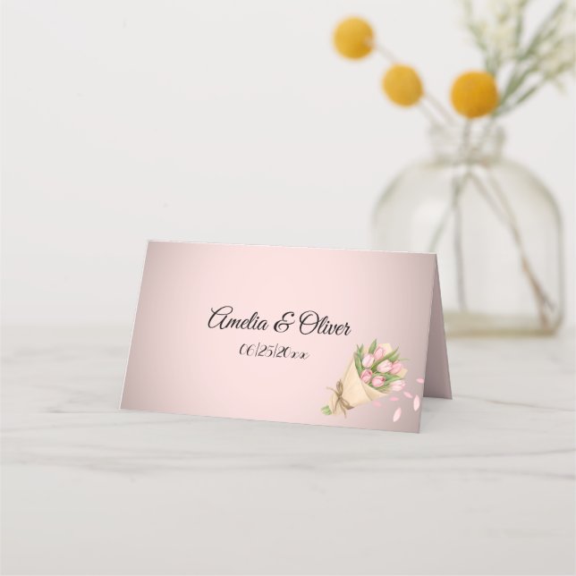 Elegant Pink Tulips Bouquet Wedding Platzkarte (Vorderseite)
