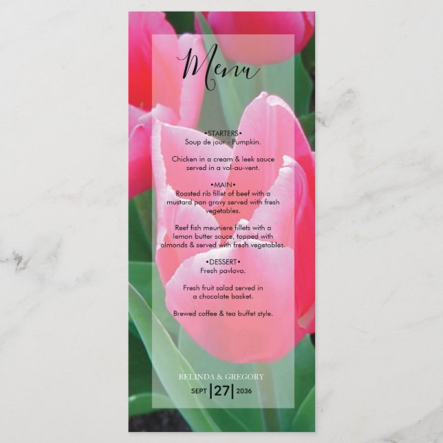 Elegant Pink Tulips Wedding Menükarte (Vorderseite)