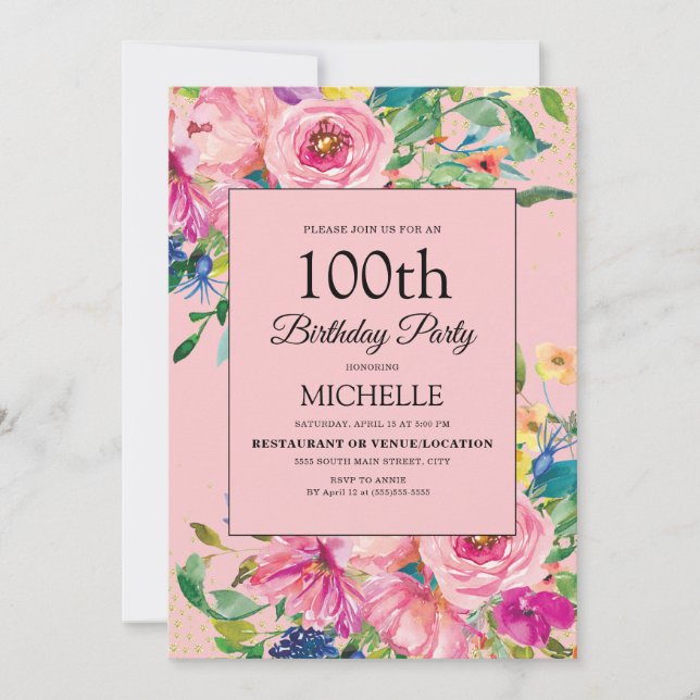 Elegant Pink Watercolor Floral Birthday Einladung (Vorderseite)