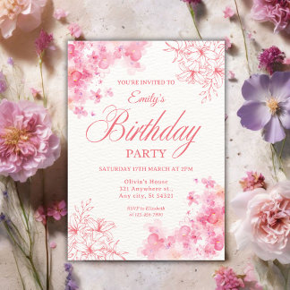 Elegant Pink Watercolor Floral Birthday Party Einladung