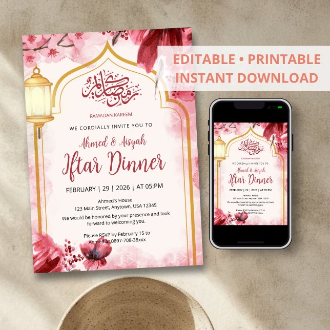 Elegant Pink Watercolor Floral Iftar Invitation (Créateur téléchargé)