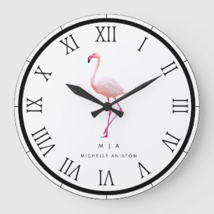 Elegant Pink White Flamingo Monogramm Custom Große Wanduhr