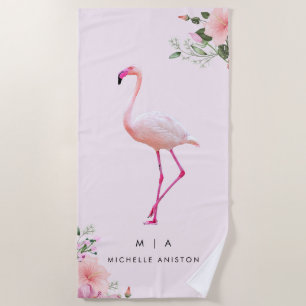 Elegant Pink White Flamingo Monogramm Custom Strandtuch