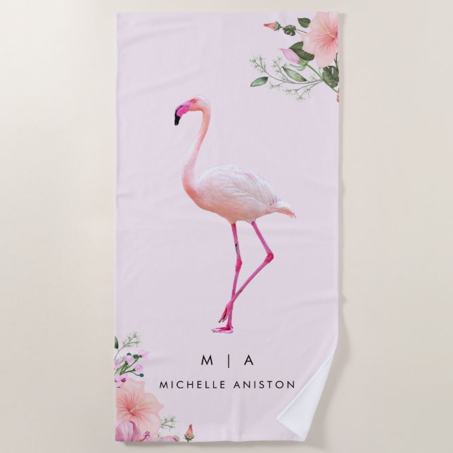 Elegant Pink White Flamingo | Monogramm Custom Strandtuch (Vorderseite)