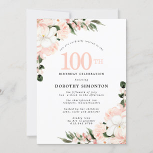 Elegant Pink White Floral 100. Geburtstag Einladung