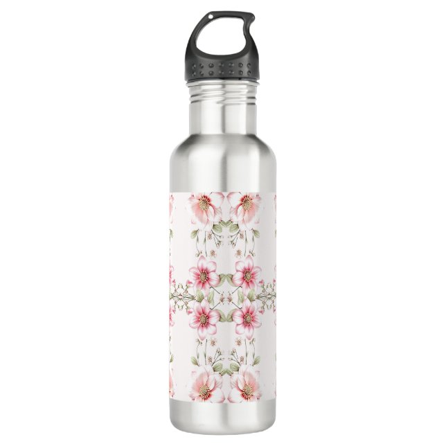 Elegant Pink White Floral Water Bottle Edelstahlflasche (Vorderseite)