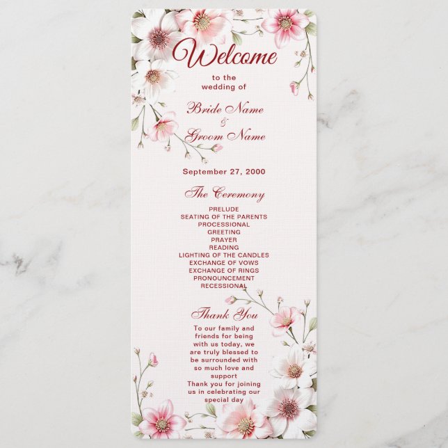 Élégant Pink White Floral Wedding Programme (Devant)